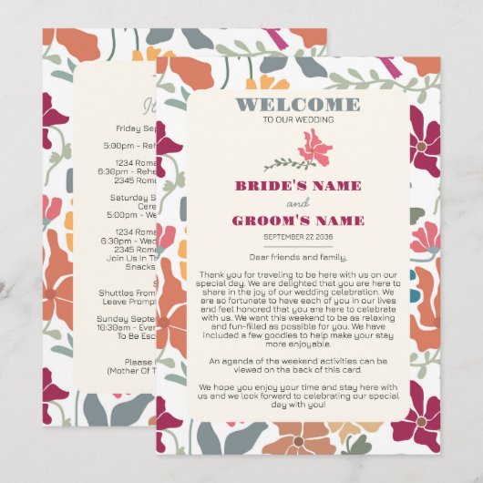 Boho-Chic-Florale Retro-Hochzeitsplanung Programm (Vorne/Hinten)