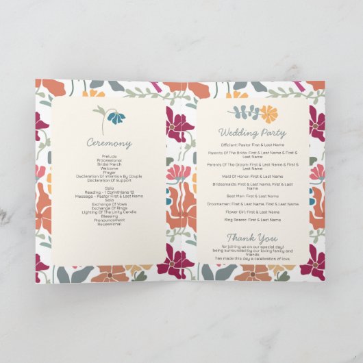 Boho Chic Florale Retro Hochzeitszeremonie Ablauf Programm (Innenseite)