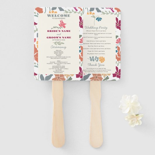 Boho Chic Florales Retro-Hochzeitsprogramm aus der Fächer (Vorne und Hinten)