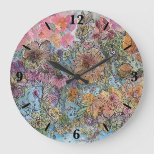 Boho Chic Flower Garden Aquarellbilder Große Wanduhr