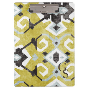 Boho-chic gelbes Ikat-Stammesmuster-Monogramm Klemmbrett
