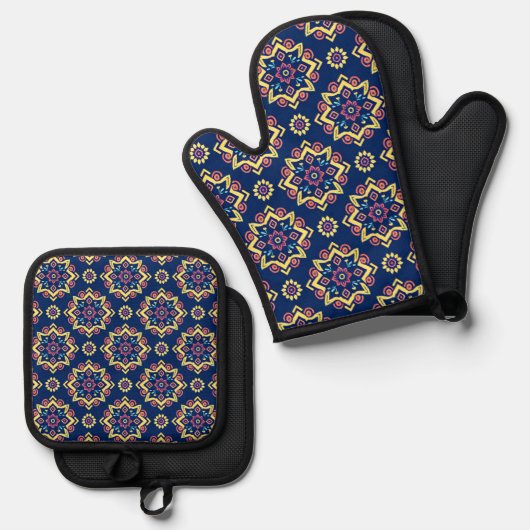 Boho Chic Geometric Floral Pattern Ofenhandschuh & Topflappen-Set (Vorderseite/Rückseite)