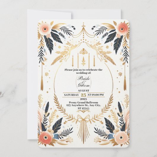 Boho Chic Gold & Floral Wedding Einladung (Vorderseite)
