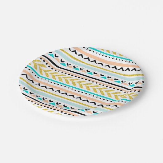 Boho Chic Gold Turquoise Aztec Muster Pappteller (Schrägansicht)