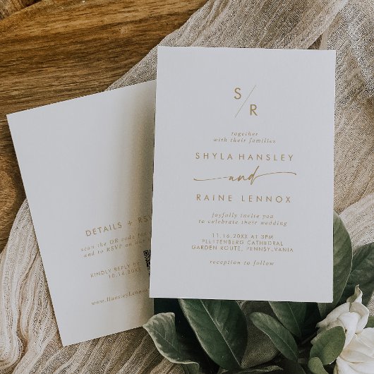 Boho Chic Gold und White Monogram QR Code Wedding Einladung