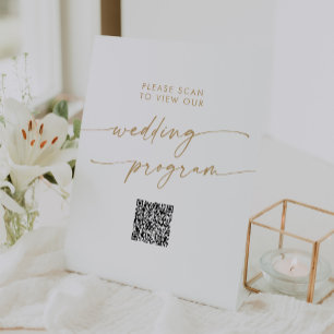 Boho Chic Gold und White QR Code Wedding Program Sockelschild