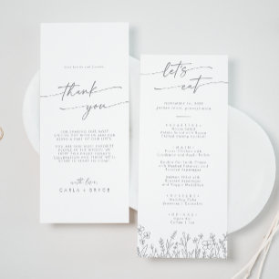 Boho Chic Graue Wildblumen Dankeschön und Hochzeit Menükarte