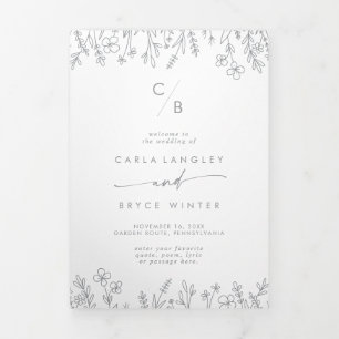 Boho-Chic Graue Wildblumen-Monogramm-Hochzeit Dreifach-gefaltete Programmkarte