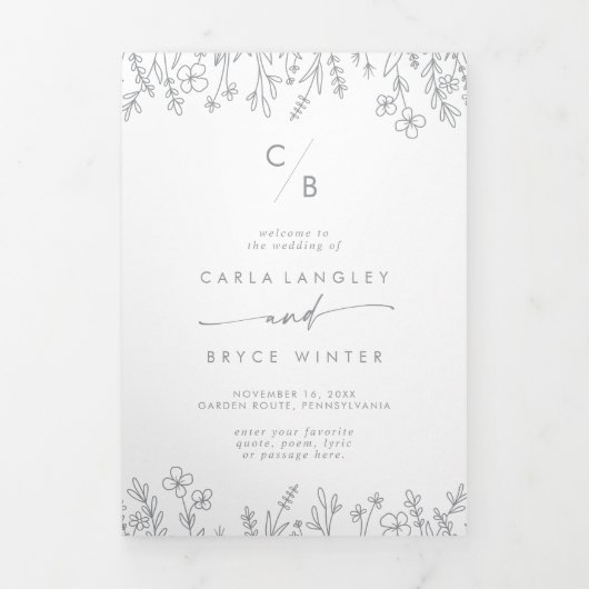 Boho-Chic Graue Wildblumen-Monogramm-Hochzeit Dreifach-gefaltete Programmkarte (Cover)