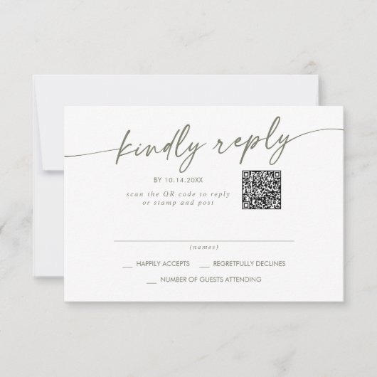 Boho Chic Green and White Mail In und QR Code RSVP Karte (Vorderseite)