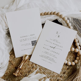 Boho Chic Green and White Monogram QR Code Wedding Einladung