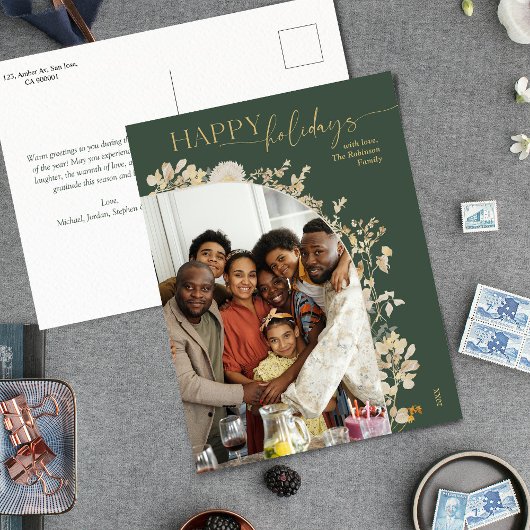 Boho Chic Green Gold Botanischer Foto Holiday Postkarte