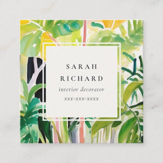 Boho Chic Green Tropical Leafy Foliage Botanical Quadratische Visitenkarte (Vorderseite)