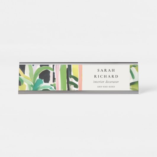 Boho Chic Green Tropical Leafy Foliage Botanical Schreibtischnamensplakette (Vorderseite )
