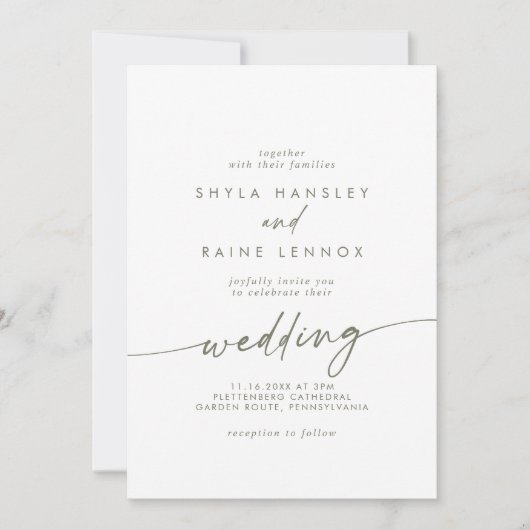 Boho Chic Green und White Front and Back Wedding Einladung (Vorderseite)