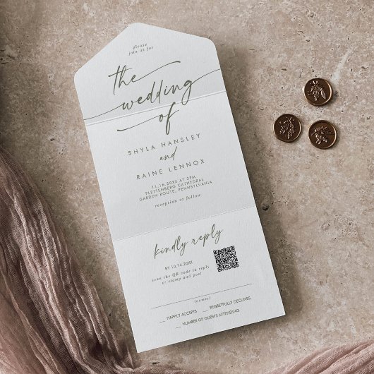 Boho Chic Green und White QR Code Mail bei Hochzei All In One Einladung