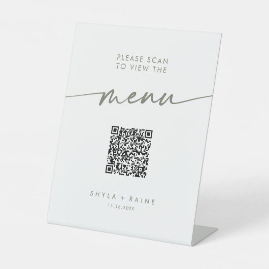 Boho Chic Green und White QR Code Wedding Menu Sockelschild (Vorderseite)