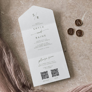 Boho Chic Grün und Weiß Hochzeit mit zweifachem QR All In One Einladung