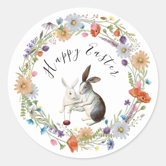 Boho Chic Happy Easter Bunny Watercolor Wildblume Runder Aufkleber (Vorderseite)