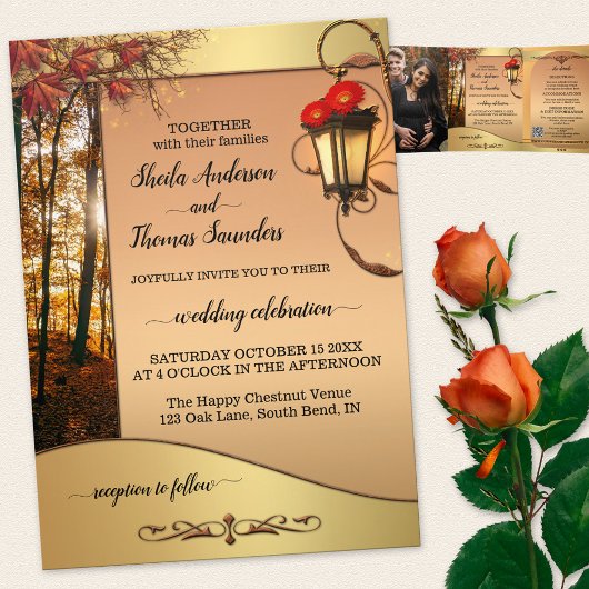 Boho Chic Hochzeit im Herbst dreiseitige Einladung