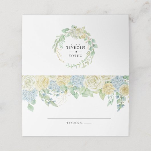 Boho Chic Hydrangea Rose Floral Platzkarte (Außenseite Aufgefaltet)