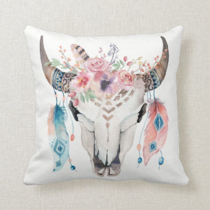 Boho-Chic-Kuh-Schädel-Federn und Blumen-Glamour Kissen