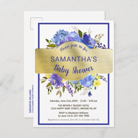 Boho Chic Lila Floral Gold Baby Dusche Einladungspostkarte (Vorne/Hinten)