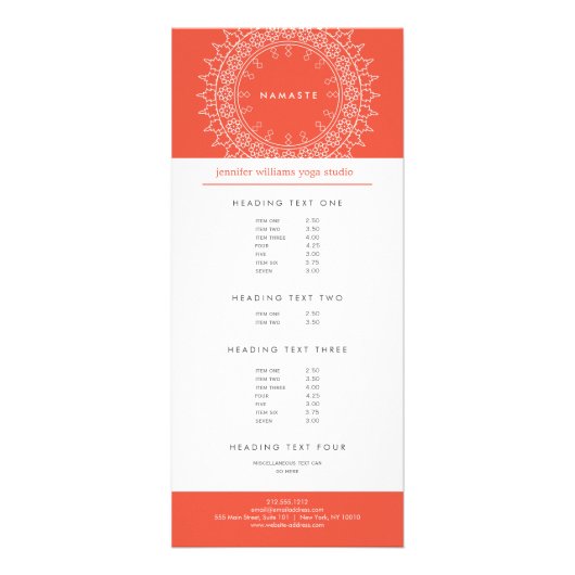 Boho Chic Mandala Namaste Yoga Coral Rack Card Werbekarte (Vorne)