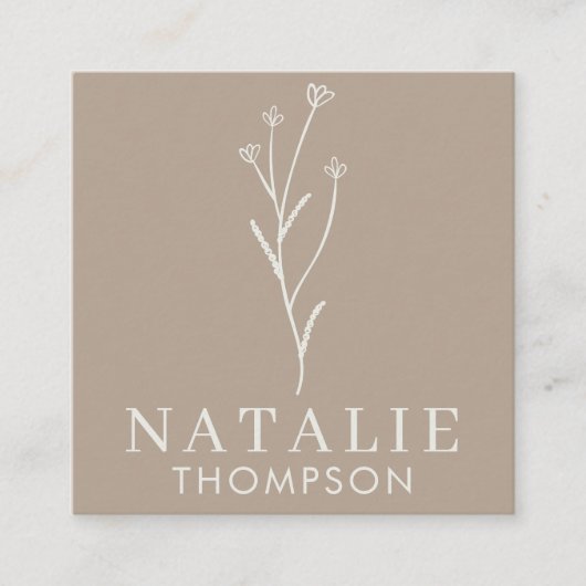 Boho Chic Minimalistisch Greige Blume QR Code Quadratische Visitenkarte (Vorderseite)