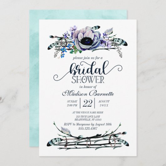 Boho Chic Mint & Navy Bridal Dusche Einladung (Vorne/Hinten)