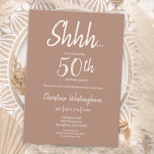 Boho Chic Mocha Cream Surprise 50th Birthday Einladung