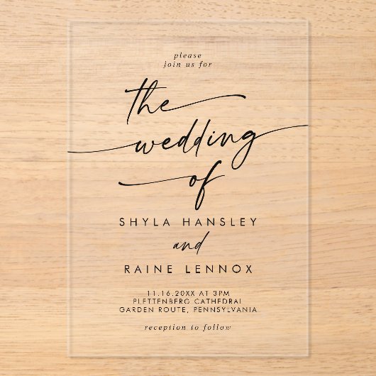 Boho Chic Modern Simple Clear Akryllic Wedding Acryleinladungen (Vorderseite)