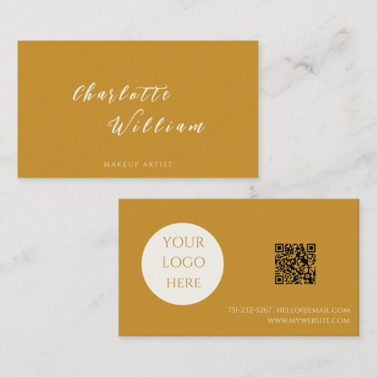 Boho Chic Mustard Calligraphy Script Logo QR Code Visitenkarte (Vorne/Hinten)
