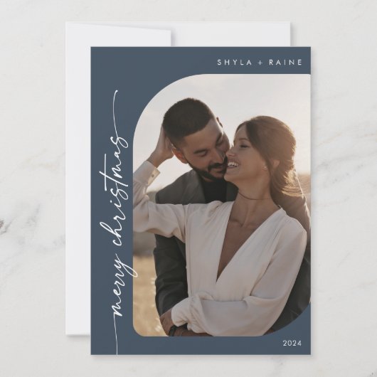 Boho Chic Navy Blue Foto Einfach Frohe Weihnachten (Vorderseite)