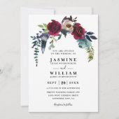 Boho Chic Navy Burgundy Floral QR-Code Hochzeit Einladung (Vorderseite)