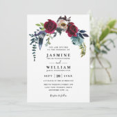 Boho Chic Navy Burgundy Floral QR-Code Hochzeit Einladung (Stehend Vorderseite)