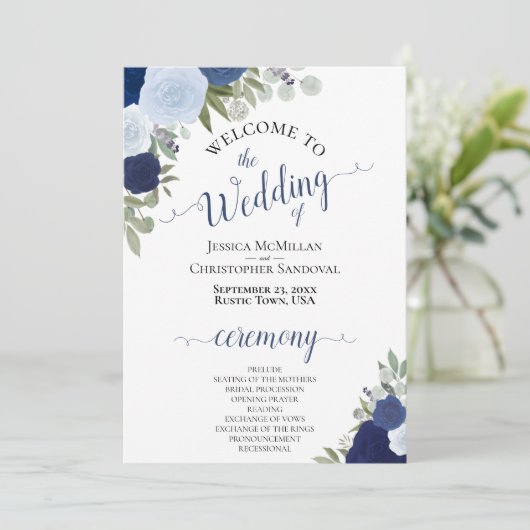 Boho Chic Navy & Dusty Blue Rose Elegante Hochzeit Programm (Stehend Vorderseite)