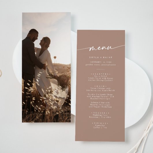 Boho Chic Neutral Taupe Foto Wedding Menükarte