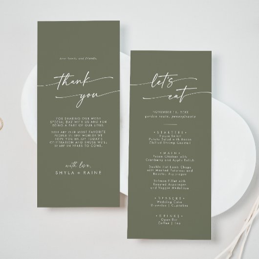 Boho Chic Olive Green Danke und Hochzeit Menükarte
