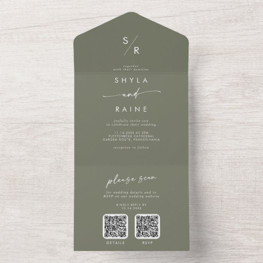 Boho Chic Olive Green Dual QR Code Hochzeit All In One Einladung (Innen Boden)