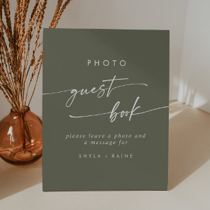 Boho Chic Olive Green Foto Gästebuch Hochzeit Sockelschild