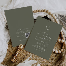 Boho Chic Olive Green Monogram QR Code Hochzeit Einladung