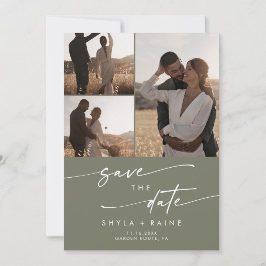 Boho Chic Olive Green Multi Foto QR Code Save The Date (Vorderseite)