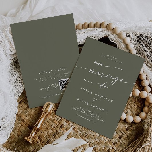 Boho Chic Olive Green QR Code Französische Hochzei Einladung