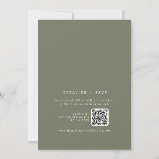 Boho Chic Olive Green QR Code Spanische Hochzeit Einladung (Rückseite)