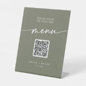 Boho Chic Olive Green QR Code Wedding Menu Sockelschild (Vorderseite)