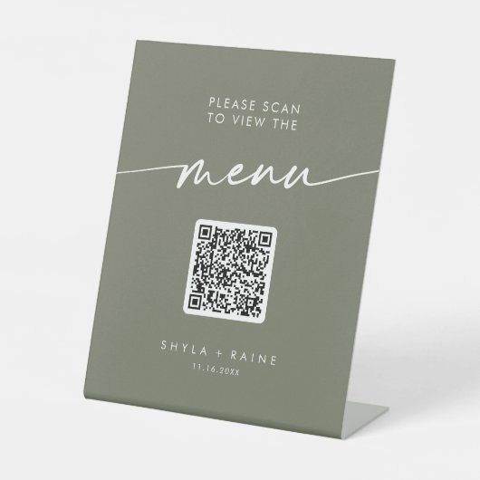 Boho Chic Olive Green QR Code Wedding Menu Sockelschild (Vorderseite)