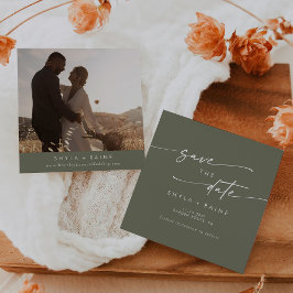 Boho Chic Olive Green Square Foto Zurück Save The Date