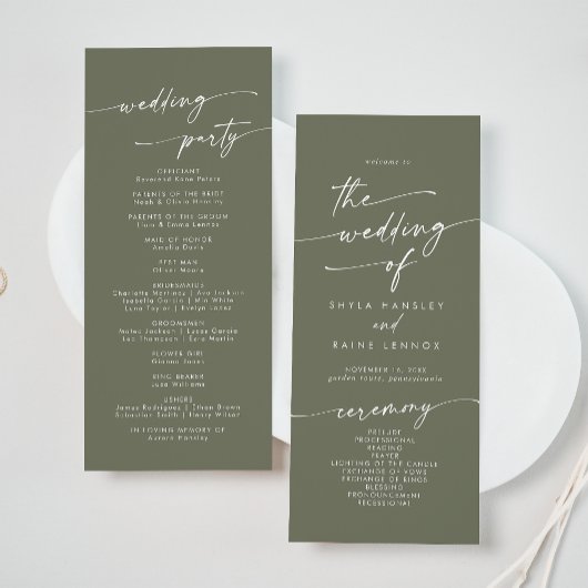 Boho Chic Olive Green Tee Hochzeit Programm