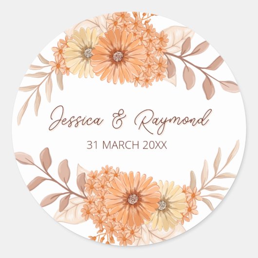 Boho Chic Orange Floral Wedding Runder Aufkleber (Vorderseite)